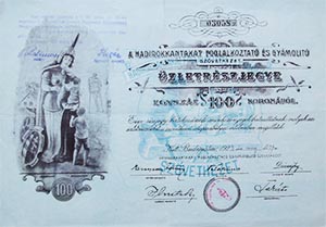 Hadirokkantakat Foglalkoztat s Gymolt Szvetkezet zletrszjegy 100 korona 1923