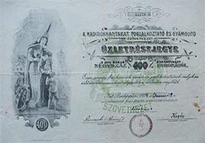 Hadirokkantakat Foglalkoztat s Gymolt Szvetkezet zletrszjegy 5x400 korona 1924