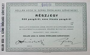 Holln ucca 14. szm rklaks Szvetkezet rszjegy 500 peng 1929