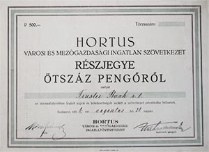 Hortus Vrosi s Mezgazdasgi Ingatlan Szvetkezet rszjegy 500 peng 1934