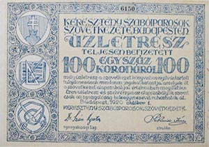 Keresztny Szabiparosok Szvetkezete Budapesten zletrsz 100 korona 1920