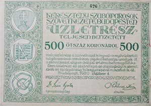 Keresztny Szabiparosok Szvetkezete Budapesten zletrsz 500 korona 1920
