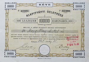 Kve Ruhzati ruhz Szvetkezet alaptvnyi zletrsz 100000 korona 1925