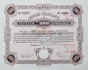 Kve Ruhzati ruhz Szvetkezet rendes zletrsz 1000 korona 1924