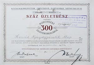 Kzalkalmazottak Orszgos Gazdasgi Szvetkezete zletrsz 100x3 (300) aranykorona 1925
