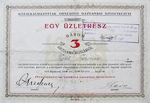 Kzalkalmazottak Orszgos Gazdasgi Szvetkezete zletrsz 3 aranykorona 1927