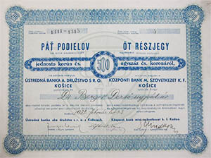 Kzponti Bank mint Szvetkezet K. F. Kassa rszjegy 500  csehszlovk korona 1932
