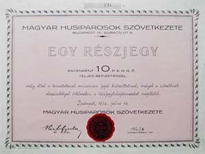 Magyar Husiparosok Szvetkezete rszjegy 10 peng 1932