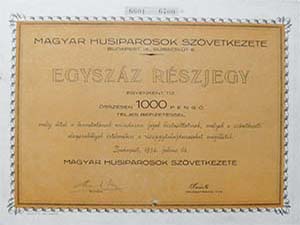 Magyar Husiparosok Szvetkezete rszjegy 1000 peng 1932