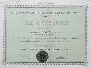 Magyar Husiparosok Szvetkezete rszjegy 100 peng 1932