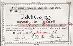 Magyar Kirlyi Vasgyrak Fogyasztsi Szvetkezete Zlyom-Brzn zletrszjegy 40 korona 1906
