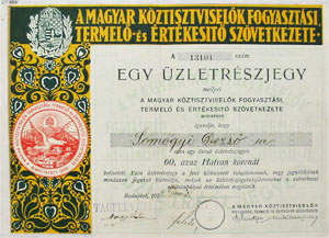 Magyar Kztisztviselk Fogyasztsi, Termel s rtkest Szvetkezete zletrszjegy 60 korona 1922