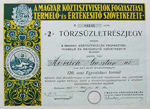 Magyar Kztisztviselk Fogyasztsi, Termel s rtkest Szvetkezete trzszletrszjegy 120 korona 1923