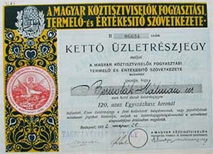 Magyar Kztisztviselk Fogyasztsi, Termel s rtkest Szvetkezete zletrszjegy 120 korona 1922