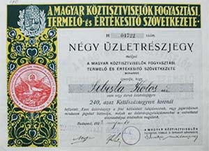 Magyar Kztisztviselk Fogyasztsi, Termel s rtkest Szvetkezete zletrszjegy 240 korona 1923
