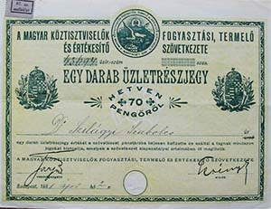 Magyar Kztisztviselk Fogyasztsi, Termel s rtkest Szvetkezete zletrszjegy 70 peng 1931