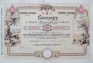 Magyar Mezgazdk Szvetkezete rszjegy 10x100 1000 korona 1921
