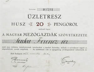 Magyar Mezgazdk Szvetkezete zletrsz 20 peng 1926