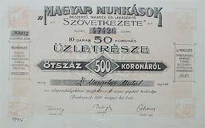 Magyar Munksok Beszerz, Takark- s Lakspt Szvetkezete zletrsz 500 korona 1918