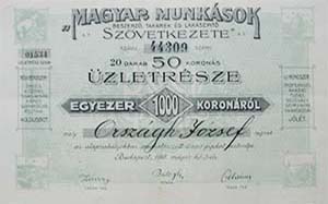 Magyar Munksok Beszerz, Takark- s Lakspt Szvetkezete zletrsz 1000 korona 1918