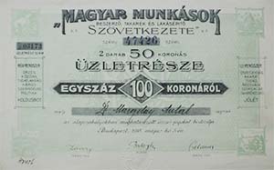 Magyar Munksok Beszerz, Takark- s Lakspt Szvetkezete zletrsz 100 korona 1918