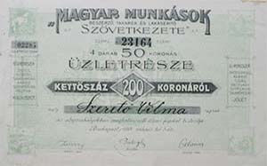 Magyar Munksok Beszerz, Takark- s Lakspt Szvetkezete zletrsz 200 korona 1918