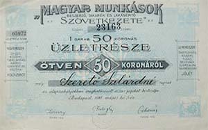 Magyar Munksok Beszerz, Takark- s Lakspt Szvetkezete zletrsz 50 korona 1918