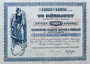 Magyarorszgi Kisgazdk Beszerz s rtkest  rszjegy 10x100 1000 korona 1918
