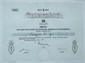 MEGA Magyar Hegyvidki Bortermelk rtkest Szvetkezete zletrsz 10 peng 1942