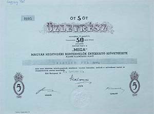 MEGA Magyar Hegyvidki Bortermelk rtkest Szvetkezete zletrsz 50 peng 1942