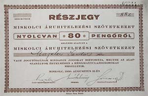 Miskolci ruhitelezsi Szvetkezet rszjegy 80 peng 1930 Miskolc