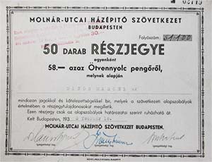 Molnr utcai Hzpt Szvetkezet rszjegy 50x58 peng 1933