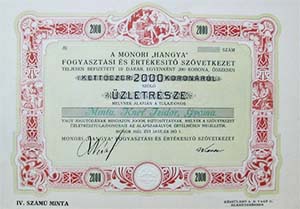 Monori Hangya Fogyasztsi s rtkest Szvetkezet zletrsz 2000 korona 1923 MINTA
