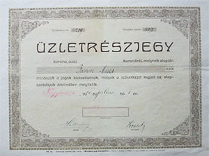 Nagymaros-vidki Gymlcsrtkest s Kzponti Szeszfz Szvetkezet zletrszjegy 1920