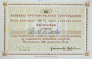 Nyrsgi ptmunksok Szvetkezete zletrsz 100 forint 1946 Nyregyhza