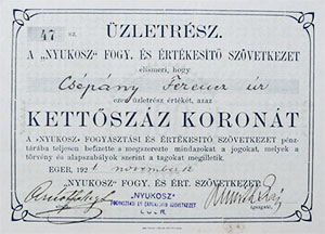 Nyukosz Fogyasztsi s rtkest Szvetkezet zletrsz 200 korona 1921 Eger
