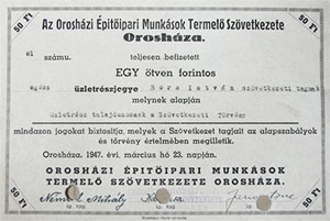 Oroshzi ptiparimunksok Termel Szvetkezete  zletrszjegy 50 forint 1947 Oroshza