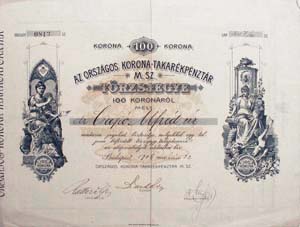Orszgos Korona Takarkpnztr mint Szvetkezet trzsjegy 100 korona 1906