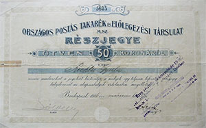 Orszgos Posts Takark s Ellegezsi Trsulat  Mint Szvetkezet rszjegy 50 korona 1916