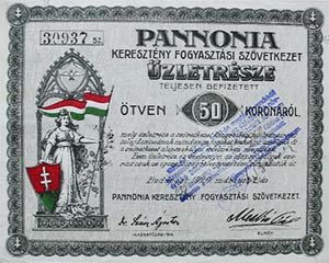 Pannonia Keresztny Fogyasztsi Szvetkezet zletrsz 50 korona 1920