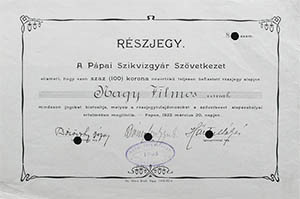 Ppai Szikvzgyr Szvetkezet  rszjegy 100 korona 1922