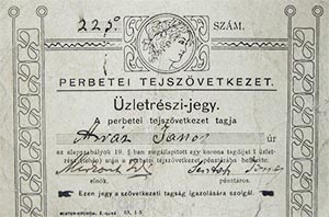 Perbtei Tejszvetkezet zletrszi-jegy 1 korona 1 tehn