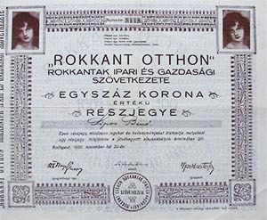 &quot;Rokkant Otthon&quot; Rokkantak Ipari s Gazdasgi Szvetkezete rszjegy 100 korona 1920