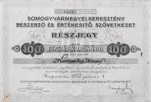 Somogyvrmegyei Keresztny Beszerz s rtkest  Szvetkezet 100 korona 1920 Kaposvr