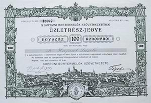 Soproni Bortermelk Szvetkezete zletrszjegy 100 korona 1920 Sopron