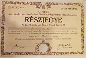 Soproni Kzalkalmazottak s Szellemi Munksok Fogyasztsi Szvetkezete rszjegy 10 peng 1927 Sopron