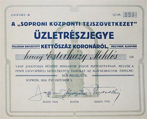 Soproni Kzponti Tejszvetkezet zletrszjegy 200 korona 1914 Sopron