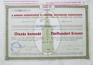 Soproni Vendglsk s Kvsok Szikvzgyri Szvetkezete zletrsz 500 korona 1923 Sopron