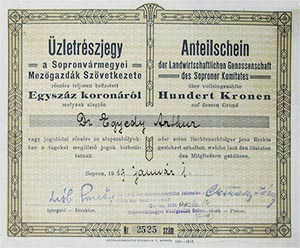 Sopronvrmegyei Mezgazdk Szvetkezete zletrszjegy 100 korona 1919 Sopron