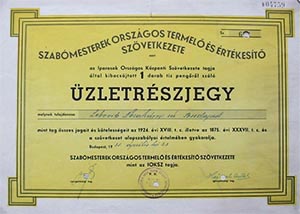 Szabmesterek Orszgos Termel s rtkest Szvetkezete zletrszjegy 10 peng 1931